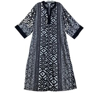 Oscar de la Renta Midi Kaftan Dress Sz M Black White 3/4 Sleeve Resort SEE NOTES